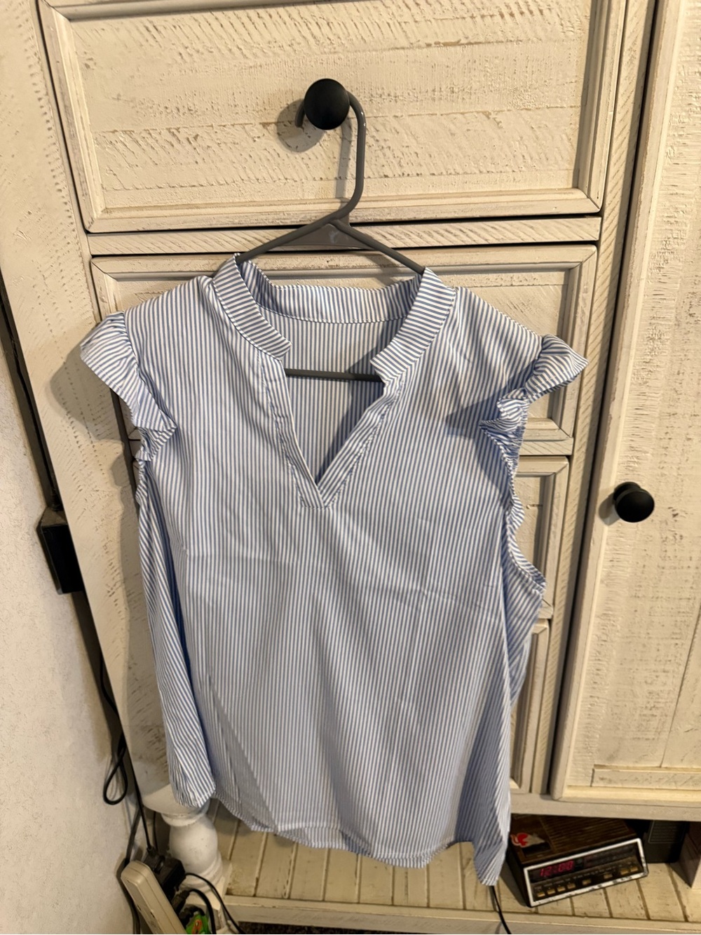 Light Blue Stripe V-Neck Flutter Sleeve Women's Top